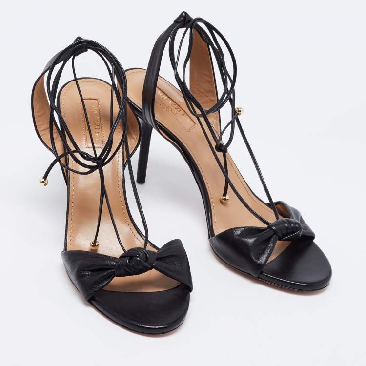 Pre Owned Aquazzura Black Leather Knotted Bow Slingback Ankle Tie Sandals Size 37.5