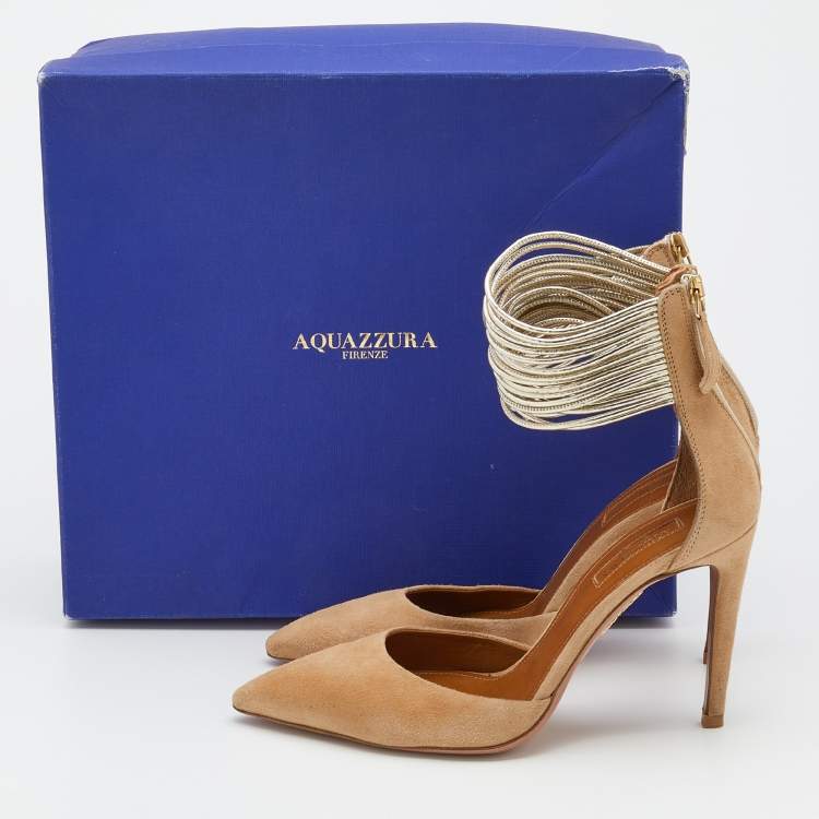 Pre Owned Aquazzura Beige/Light Gold Suede and Leather Hello Lover Ankle Strap Pumps Size 37.5