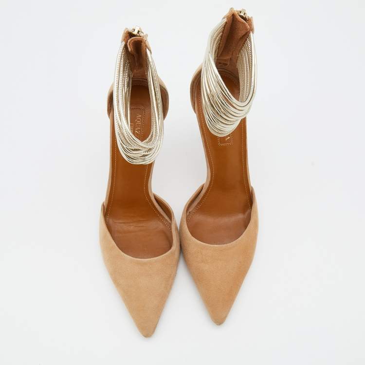 Pre Owned Aquazzura Beige/Light Gold Suede and Leather Hello Lover Ankle Strap Pumps Size 37.5