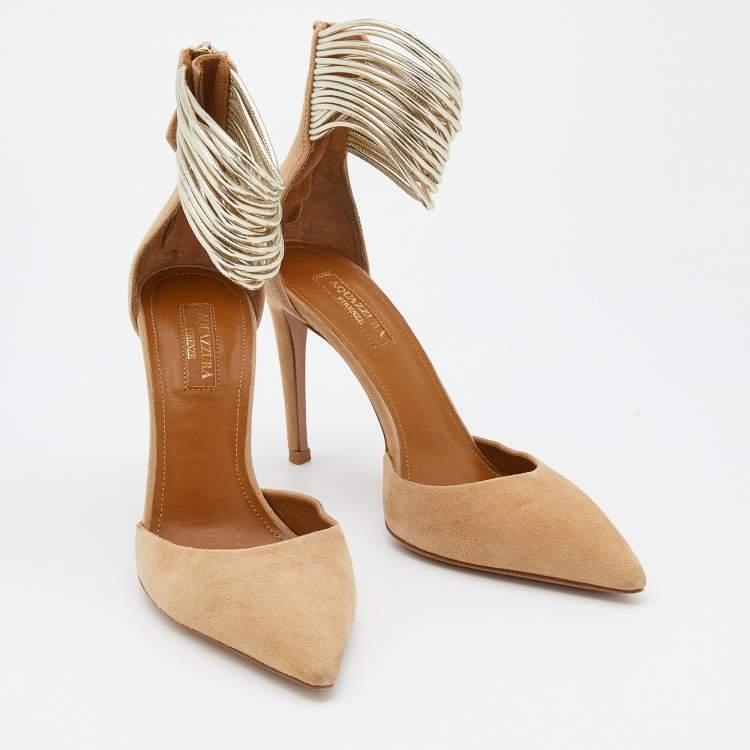 Pre Owned Aquazzura Beige/Light Gold Suede and Leather Hello Lover Ankle Strap Pumps Size 37.5