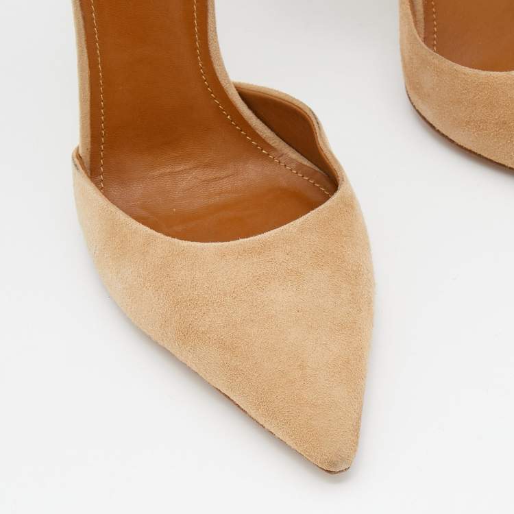 Pre Owned Aquazzura Beige/Light Gold Suede and Leather Hello Lover Ankle Strap Pumps Size 37.5