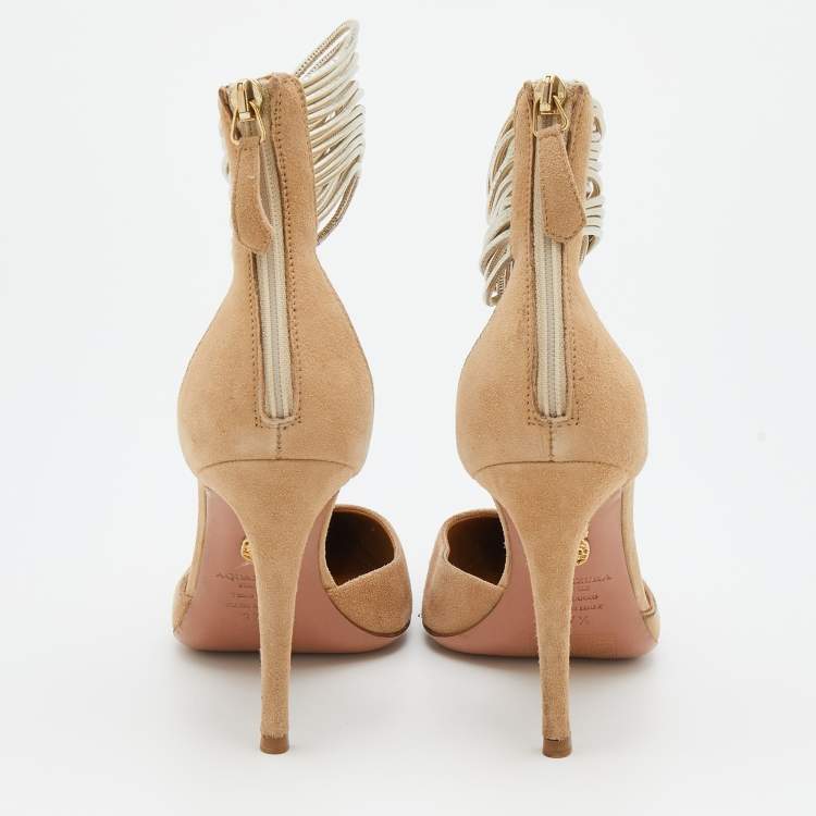 Pre Owned Aquazzura Beige/Light Gold Suede and Leather Hello Lover Ankle Strap Pumps Size 37.5