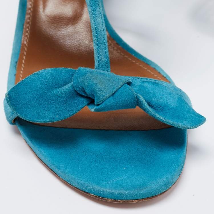 Pre Owned Aquazzura Blue Suede St. Tropez Bow Block Heel Sandals Size 37.5