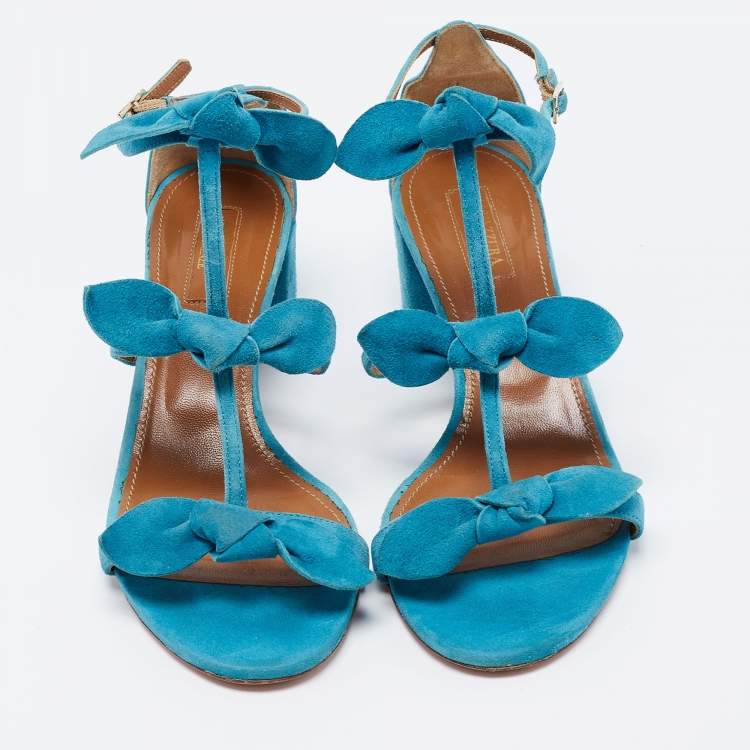 Pre Owned Aquazzura Blue Suede St. Tropez Bow Block Heel Sandals Size 37.5