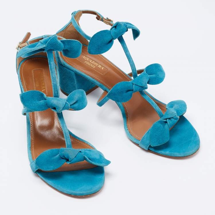 Pre Owned Aquazzura Blue Suede St. Tropez Bow Block Heel Sandals Size 37.5