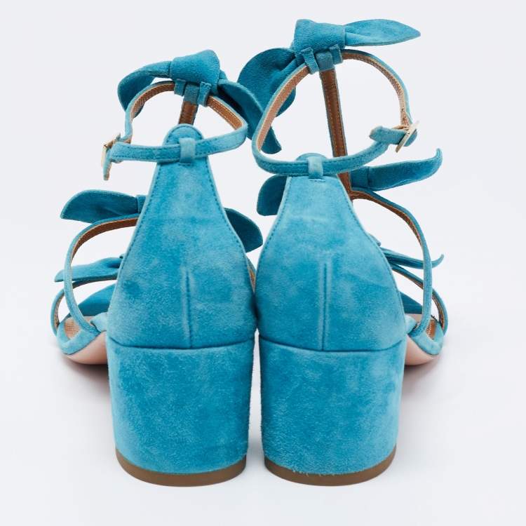 Pre Owned Aquazzura Blue Suede St. Tropez Bow Block Heel Sandals Size 37.5