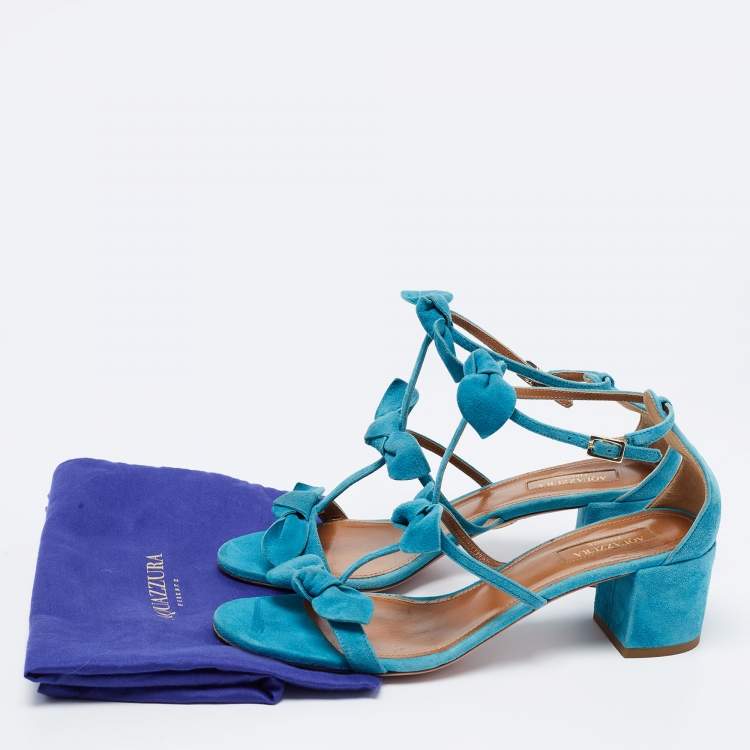 Pre Owned Aquazzura Blue Suede St. Tropez Bow Block Heel Sandals Size 37.5