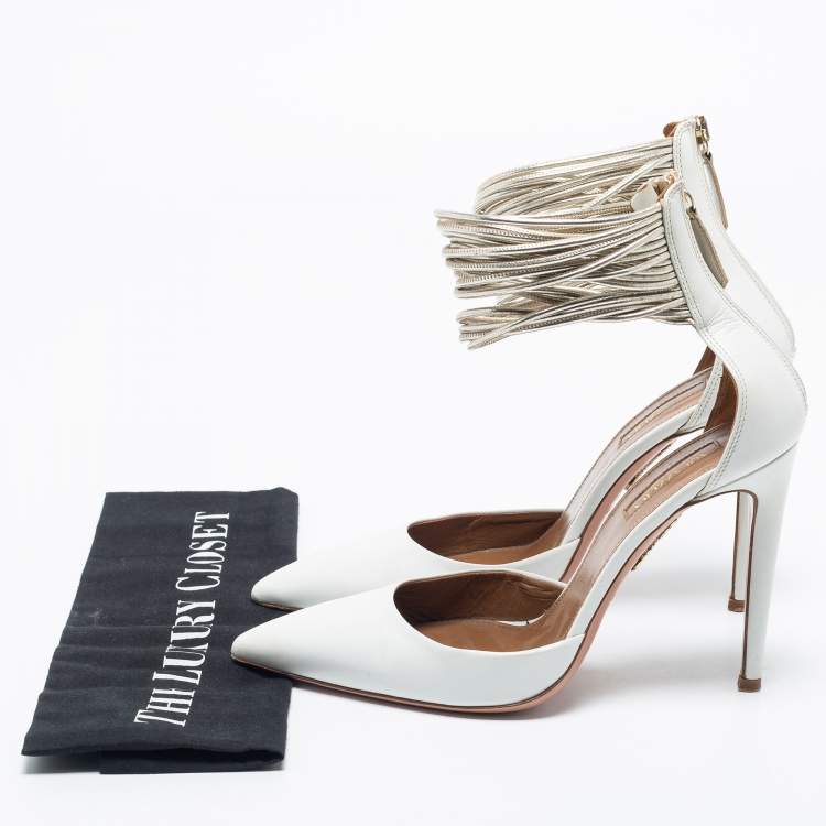 Pre Owned Aquazzura White Leather Hello Lover Ankle Cuff Pumps Size 37