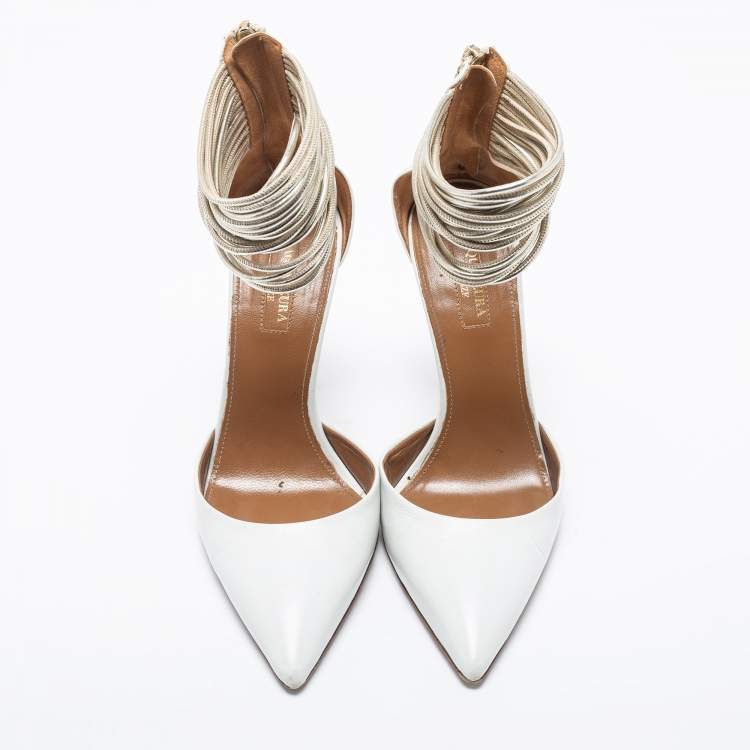 Pre Owned Aquazzura White Leather Hello Lover Ankle Cuff Pumps Size 37