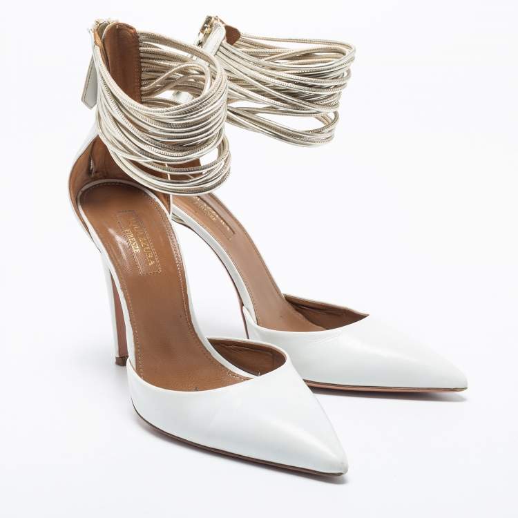 Pre Owned Aquazzura White Leather Hello Lover Ankle Cuff Pumps Size 37