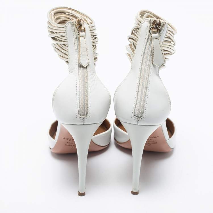 Pre Owned Aquazzura White Leather Hello Lover Ankle Cuff Pumps Size 37