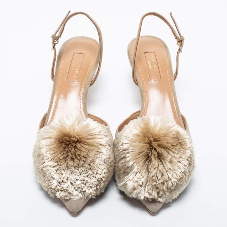 Pre Owned Aquazzura Taupe Suede Powder Puff Slingback Pumps Size 37