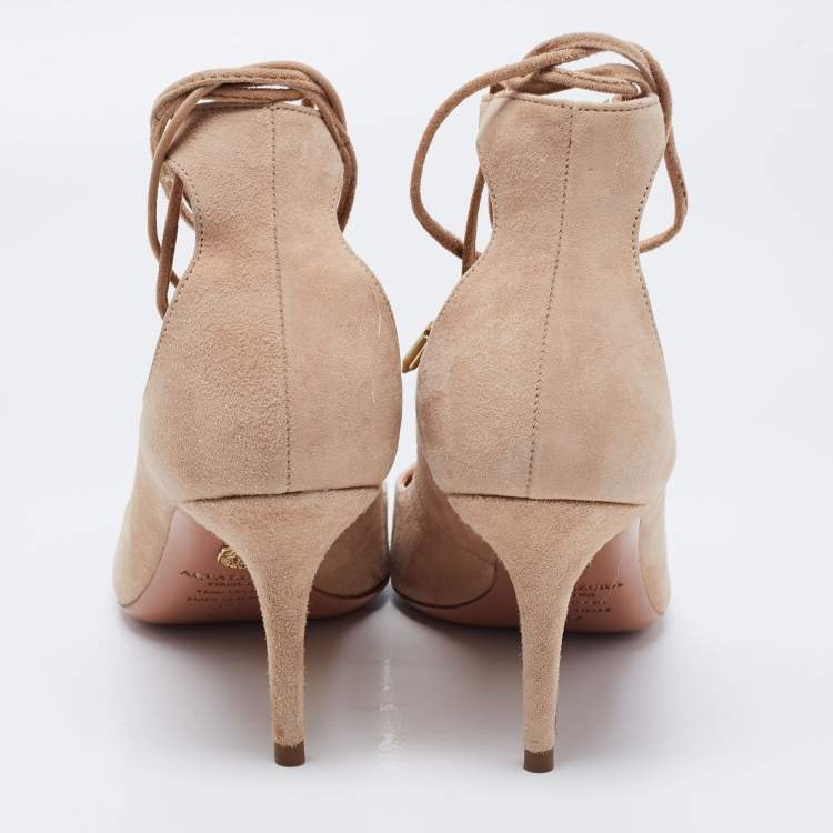 Pre Owned Aquazzura Beige Suede Curvy Lace Up Pumps Size 37