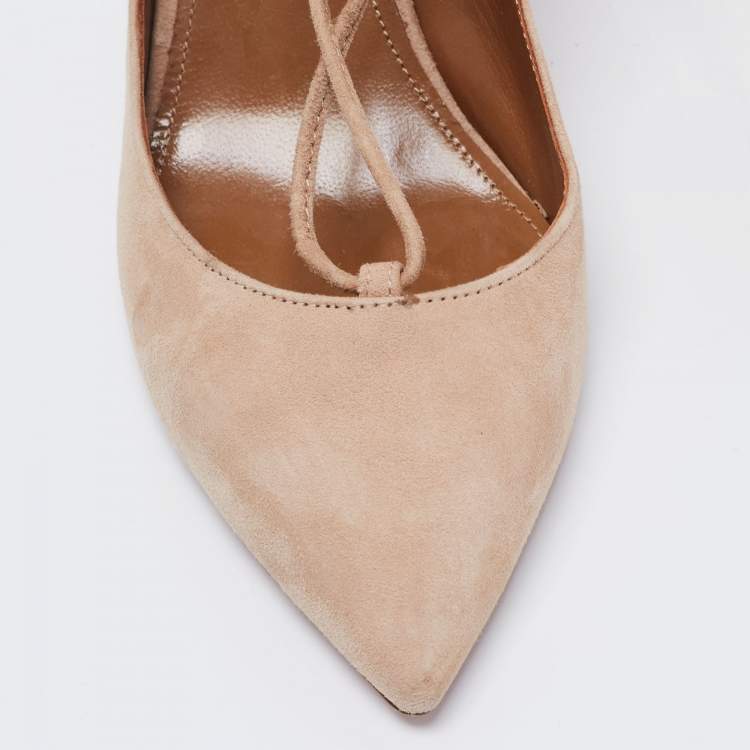 Pre Owned Aquazzura Beige Suede Curvy Lace Up Pumps Size 37