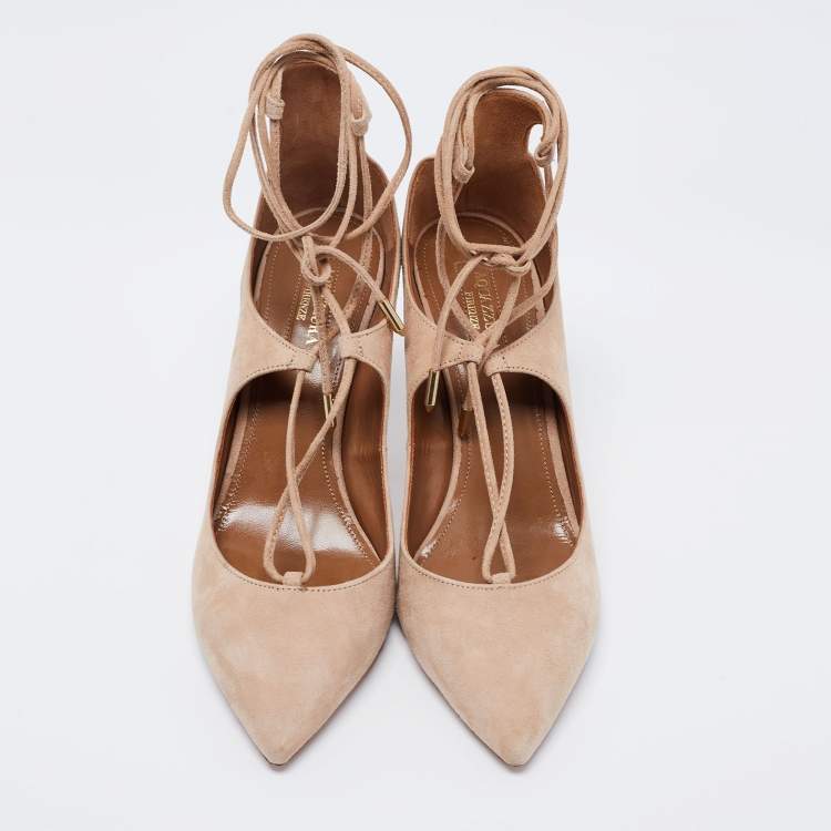 Pre Owned Aquazzura Beige Suede Curvy Lace Up Pumps Size 37