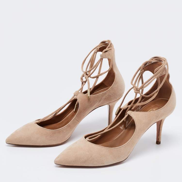 Pre Owned Aquazzura Beige Suede Curvy Lace Up Pumps Size 37