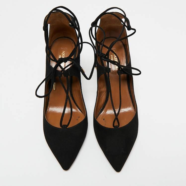 Pre Owned Aquazzura Black Suede Christy Ankle Tie Pumps Size 37