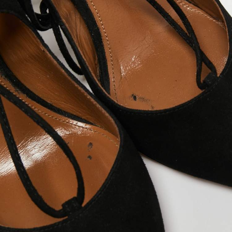 Pre Owned Aquazzura Black Suede Christy Ankle Tie Pumps Size 37