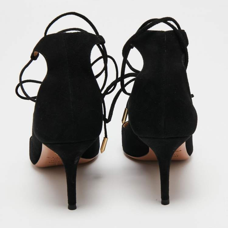 Pre Owned Aquazzura Black Suede Christy Ankle Tie Pumps Size 37