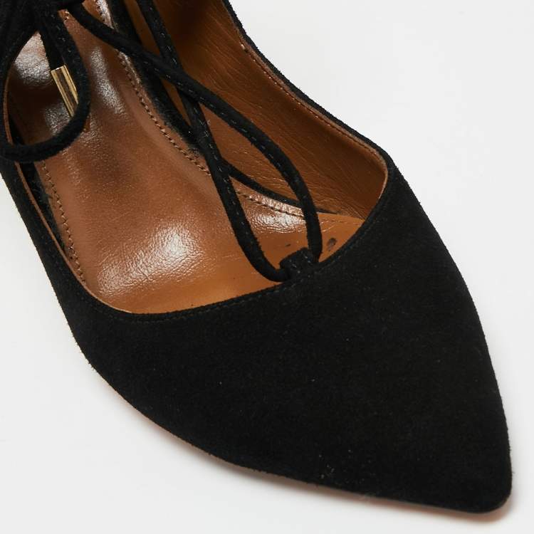 Pre Owned Aquazzura Black Suede Christy Ankle Tie Pumps Size 37