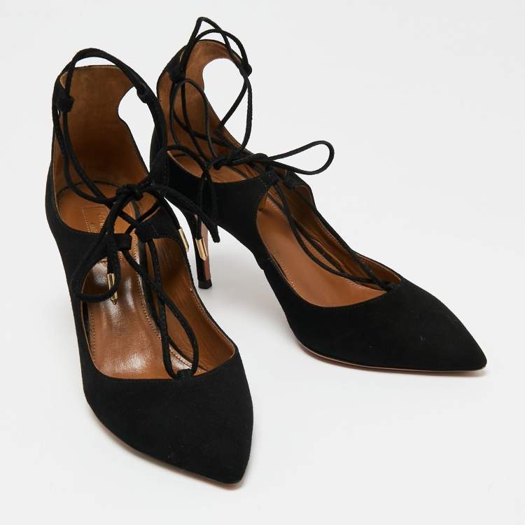 Pre Owned Aquazzura Black Suede Christy Ankle Tie Pumps Size 37