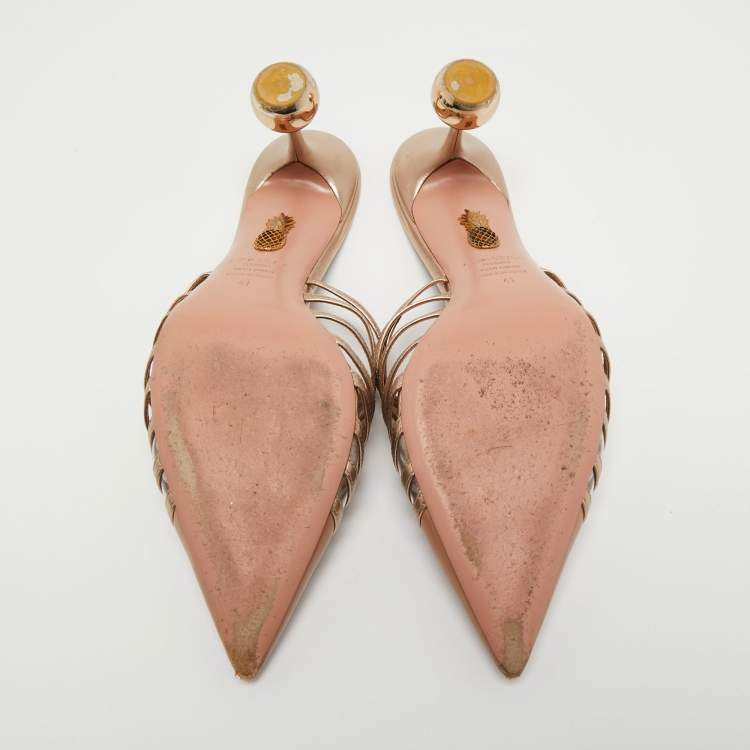 Pre Owned Aquazzura Beige/Metallic Gold Leather Le Parisien Mules Size 41