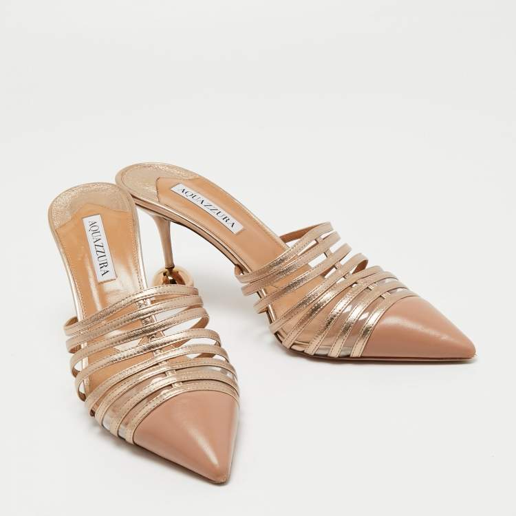 Pre Owned Aquazzura Beige/Metallic Gold Leather Le Parisien Mules Size 41