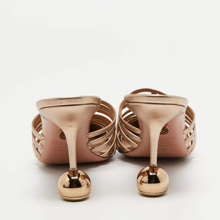 Pre Owned Aquazzura Beige/Metallic Gold Leather Le Parisien Mules Size 41