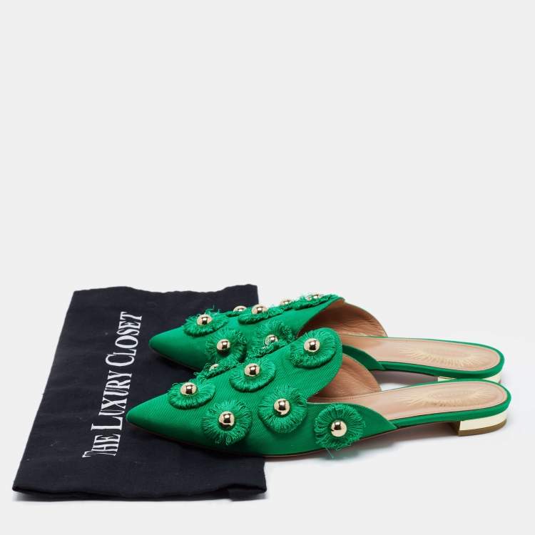 مملوكة مسبقًا Aquazzura Green Fabric Sunflower Pointed Toe Flat Mules Size 38