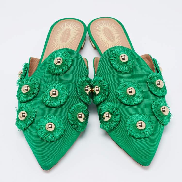 مملوكة مسبقًا Aquazzura Green Fabric Sunflower Pointed Toe Flat Mules Size 38