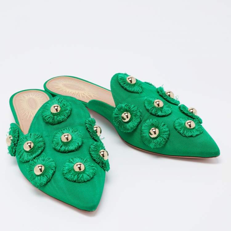 مملوكة مسبقًا Aquazzura Green Fabric Sunflower Pointed Toe Flat Mules Size 38