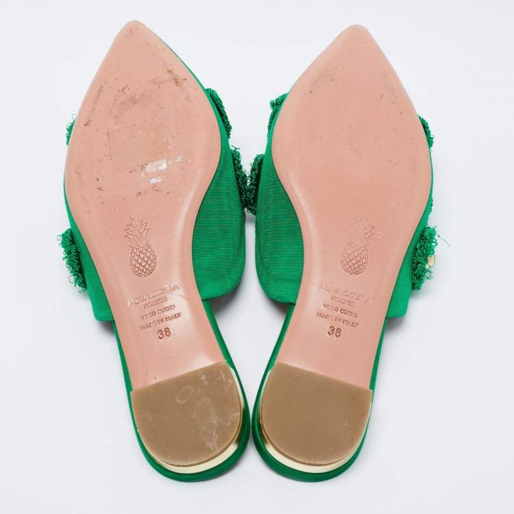 مملوكة مسبقًا Aquazzura Green Fabric Sunflower Pointed Toe Flat Mules Size 38