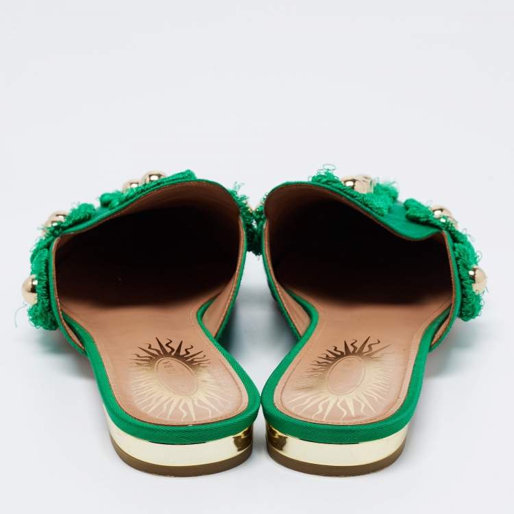 مملوكة مسبقًا Aquazzura Green Fabric Sunflower Pointed Toe Flat Mules Size 38