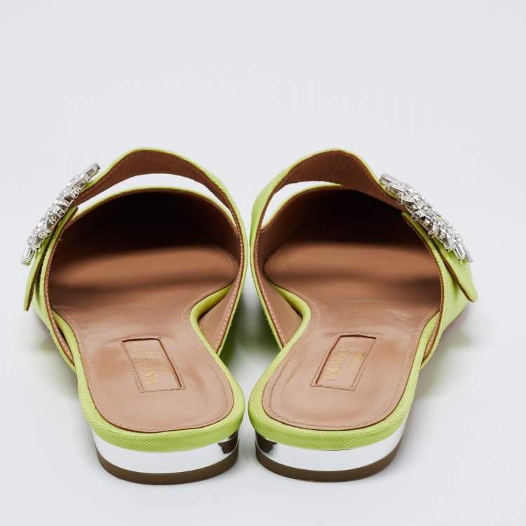 Pre Owned Aquazzura Green Canvas Crystal Embellished Pointed Toe Flat Mules Size 37.5