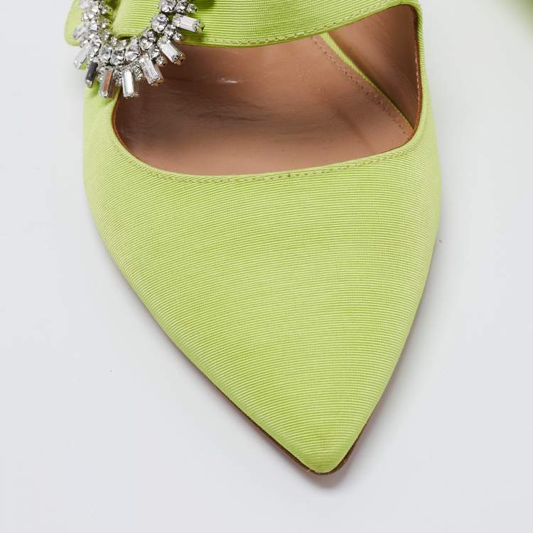 Pre Owned Aquazzura Green Canvas Crystal Embellished Pointed Toe Flat Mules Size 37.5