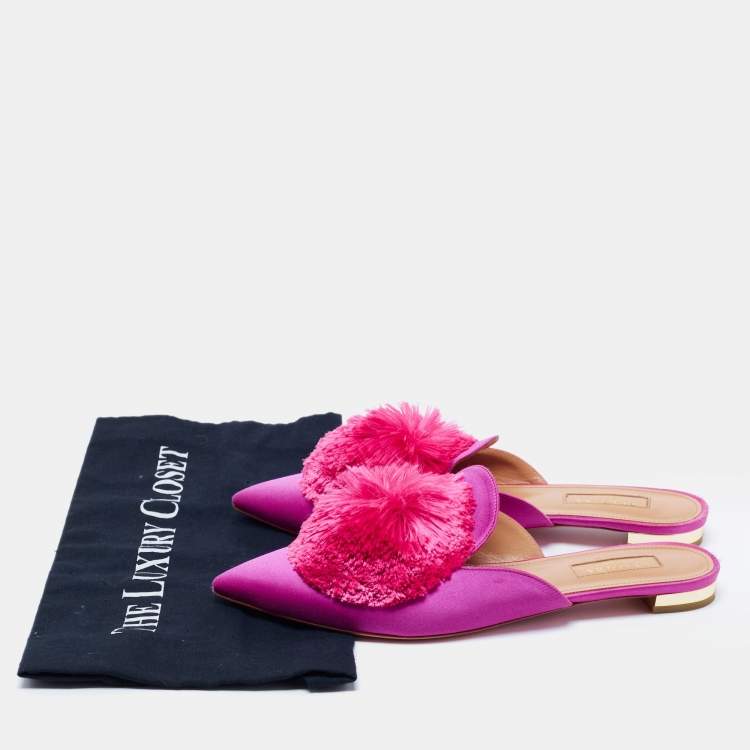 مملوكة مسبقًا Aquazzura Pink Satin Powder Puff Pom Pom Mules Size 37.5