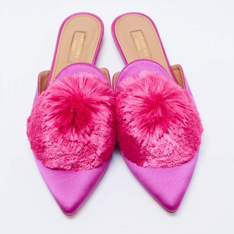 مملوكة مسبقًا Aquazzura Pink Satin Powder Puff Pom Pom Mules Size 37.5