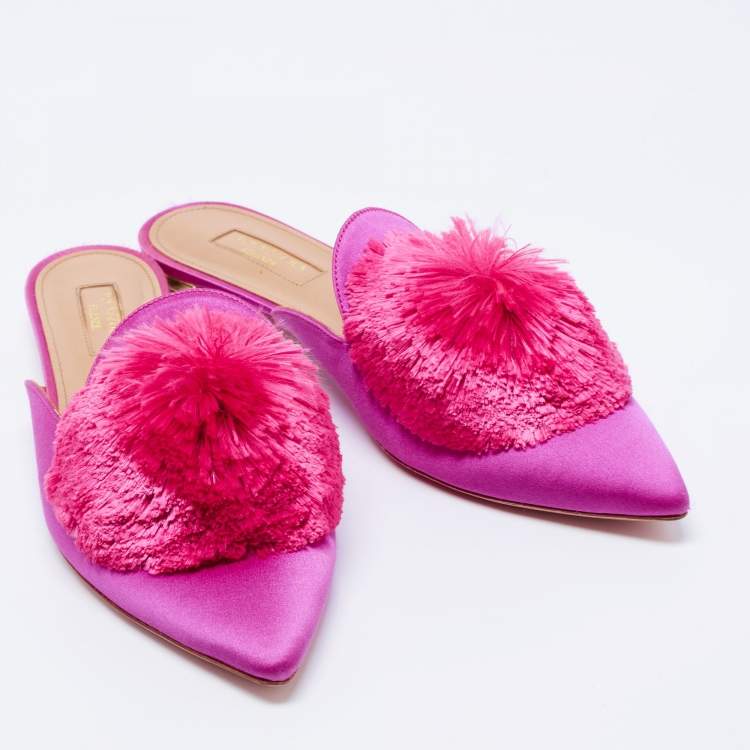 مملوكة مسبقًا Aquazzura Pink Satin Powder Puff Pom Pom Mules Size 37.5
