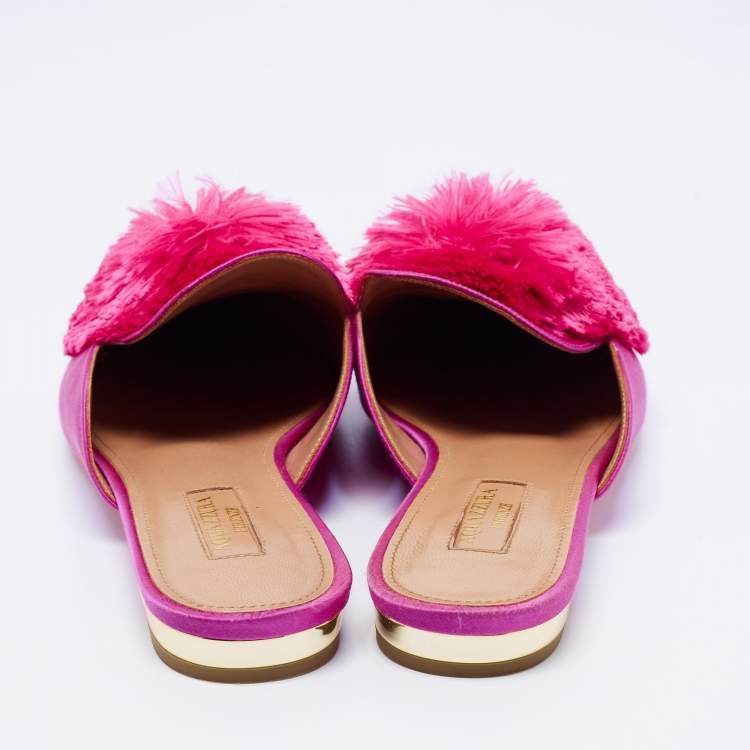 مملوكة مسبقًا Aquazzura Pink Satin Powder Puff Pom Pom Mules Size 37.5