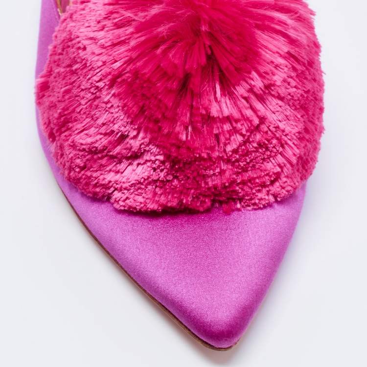 مملوكة مسبقًا Aquazzura Pink Satin Powder Puff Pom Pom Mules Size 37.5