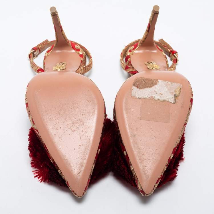 Pre Owned Aquazzura Red Brocade Fabric Slingback Sandals Size 36