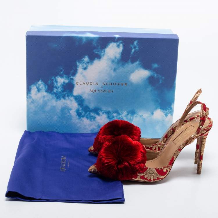 Pre Owned Aquazzura Red Brocade Fabric Slingback Sandals Size 36