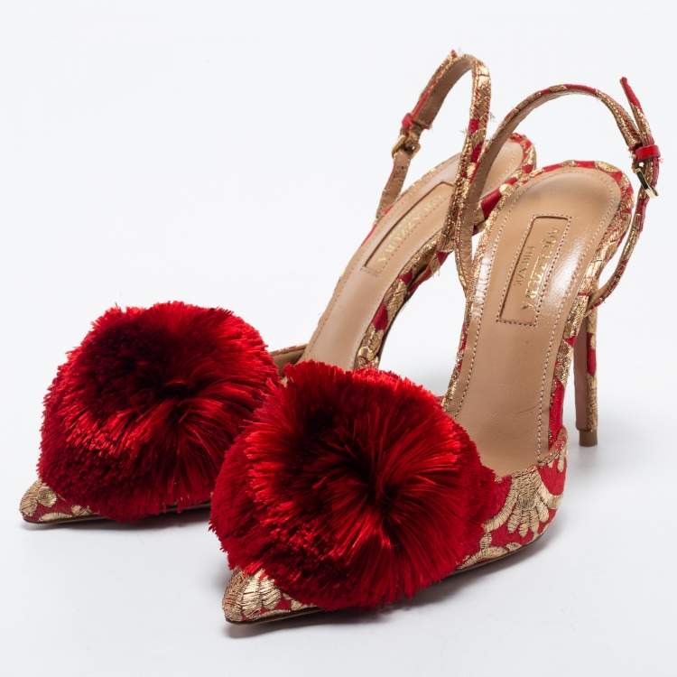 Pre Owned Aquazzura Red Brocade Fabric Slingback Sandals Size 36