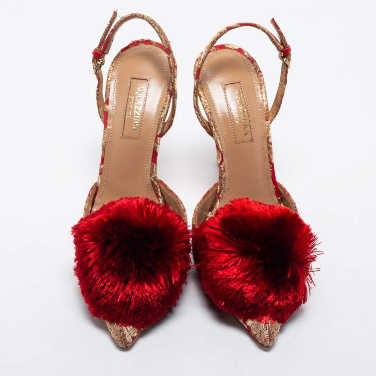 Pre Owned Aquazzura Red Brocade Fabric Slingback Sandals Size 36