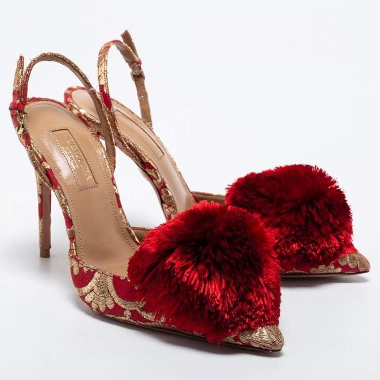 Pre Owned Aquazzura Red Brocade Fabric Slingback Sandals Size 36