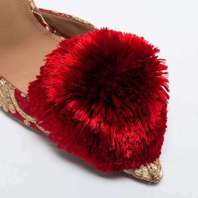 Pre Owned Aquazzura Red Brocade Fabric Slingback Sandals Size 36