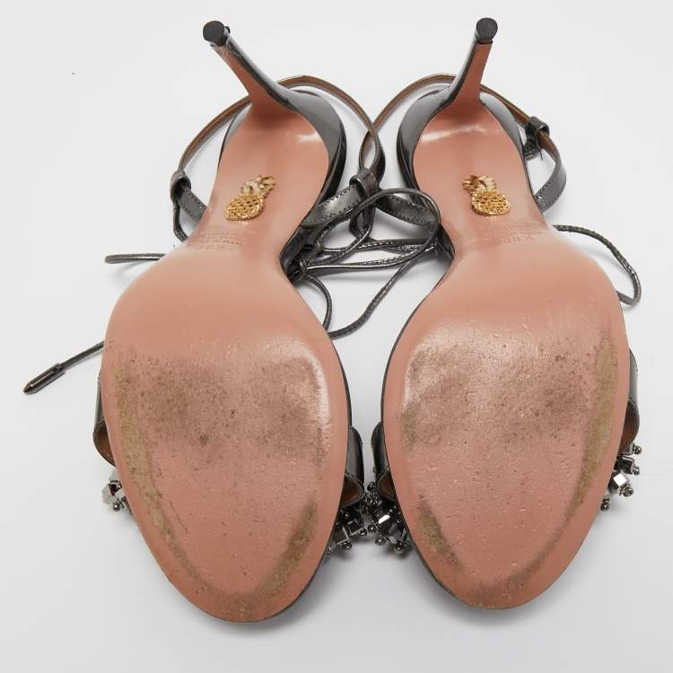 Pre Owned Aquazzura Metallic Grey Leather Monaco Ankle Tie Sandals Size 38.5