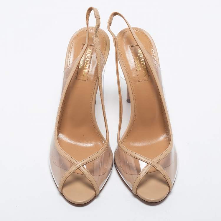Pre Owned Aquazzura Beige Leather and PVC Slingback Sandals Size 37