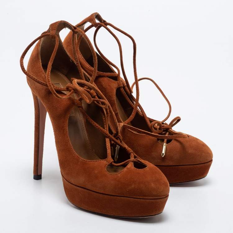 Pre Owned Aquazzura Tan Suede Dancer Plateau Ankle Tie Pumps Size 35