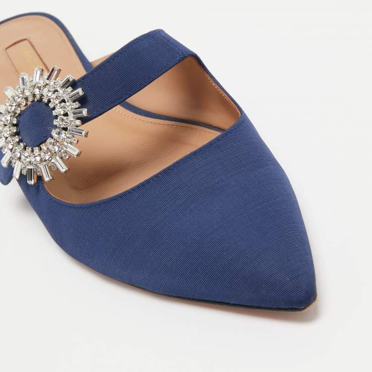 Pre Owned Aquazzura Navy Blue Canvas Crystal Embellished Blossom Flat Mules Size 39.5